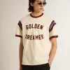 Wit heren-T-shirt met bordeauxrode letters op de voorkant
