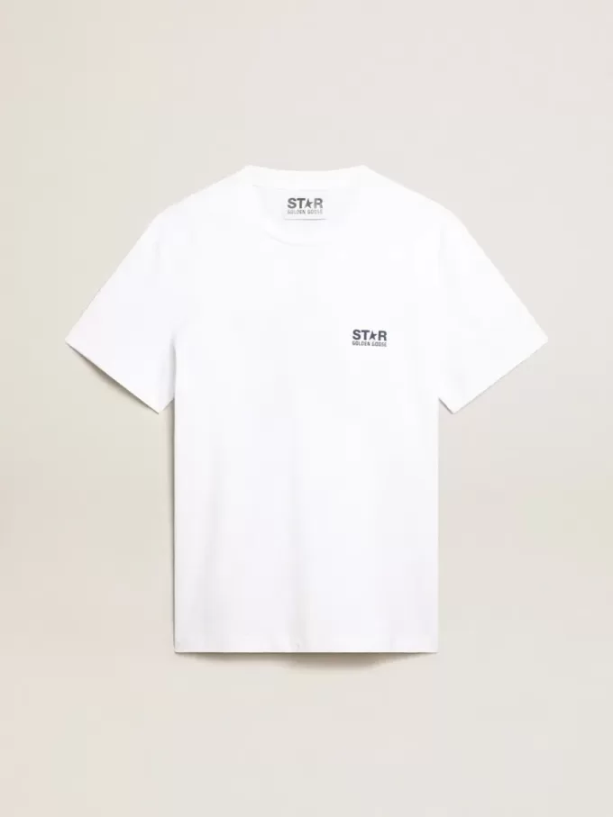 Wit heren-T-shirt met donkerblauwe ster op de rug