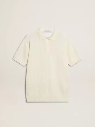 Wit jacquard gebreid poloshirt voor heren