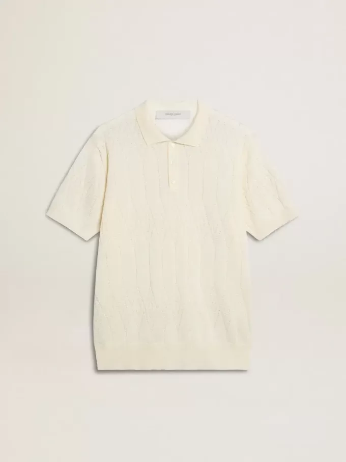 Wit jacquard gebreid poloshirt voor heren