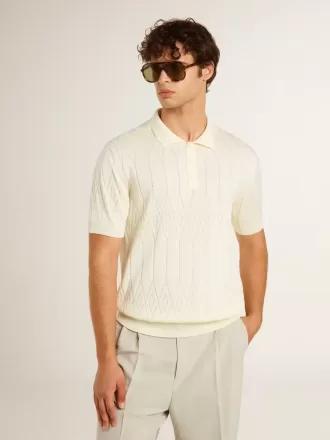 Wit jacquard gebreid poloshirt voor heren