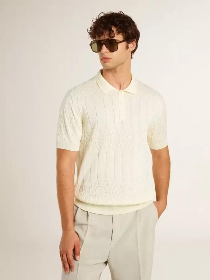 Wit jacquard gebreid poloshirt voor heren