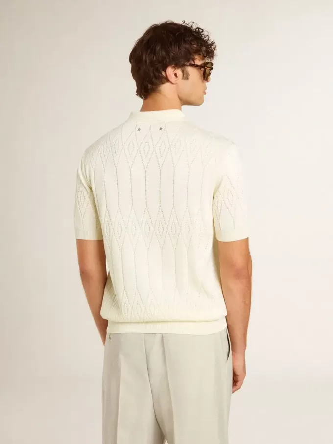 Wit jacquard gebreid poloshirt voor heren