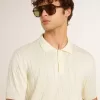 Wit jacquard gebreid poloshirt voor heren