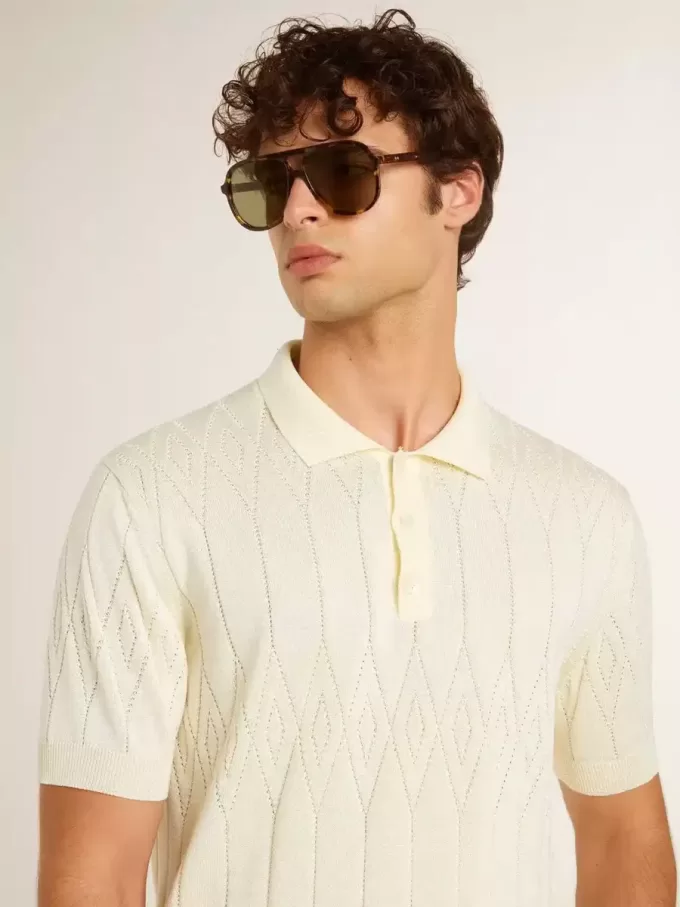 Wit jacquard gebreid poloshirt voor heren