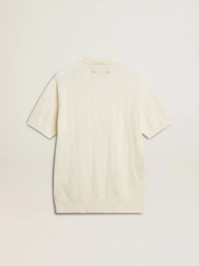 Wit jacquard gebreid poloshirt voor heren