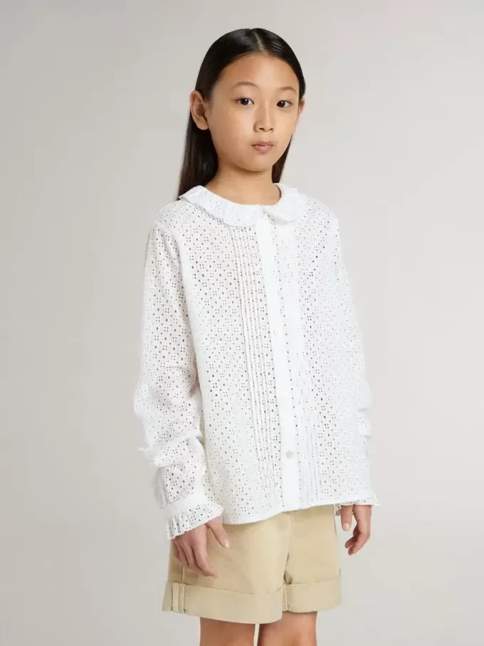 Wit katoenen shirt met broderie anglaise voor meisjes