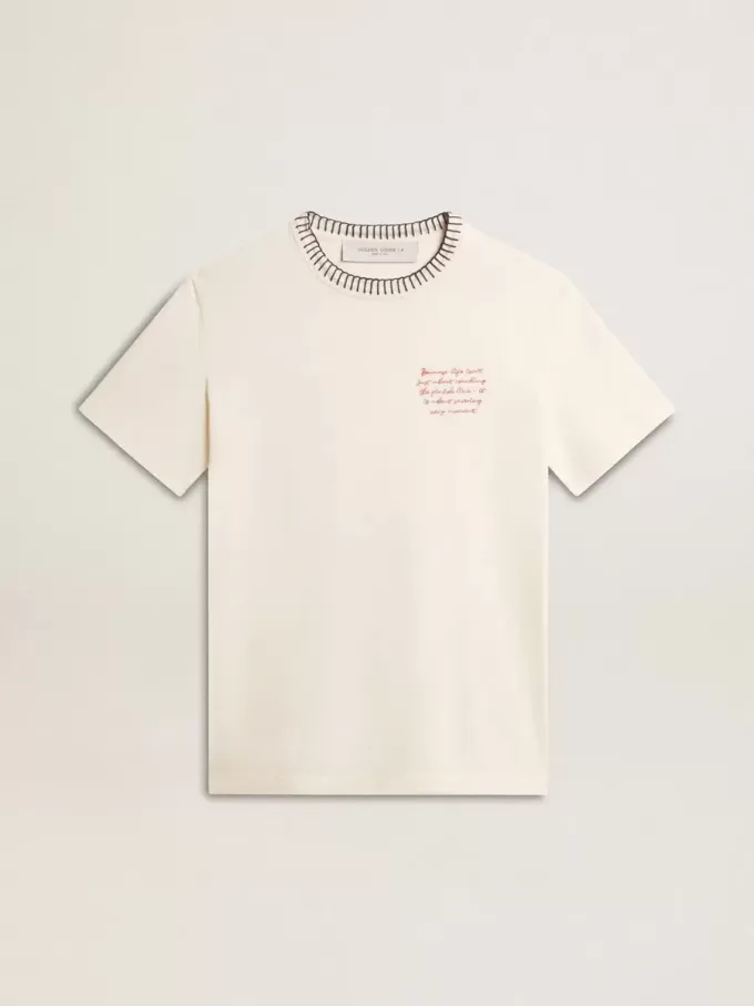 Wit katoenen T-shirt voor dames met handborduursels