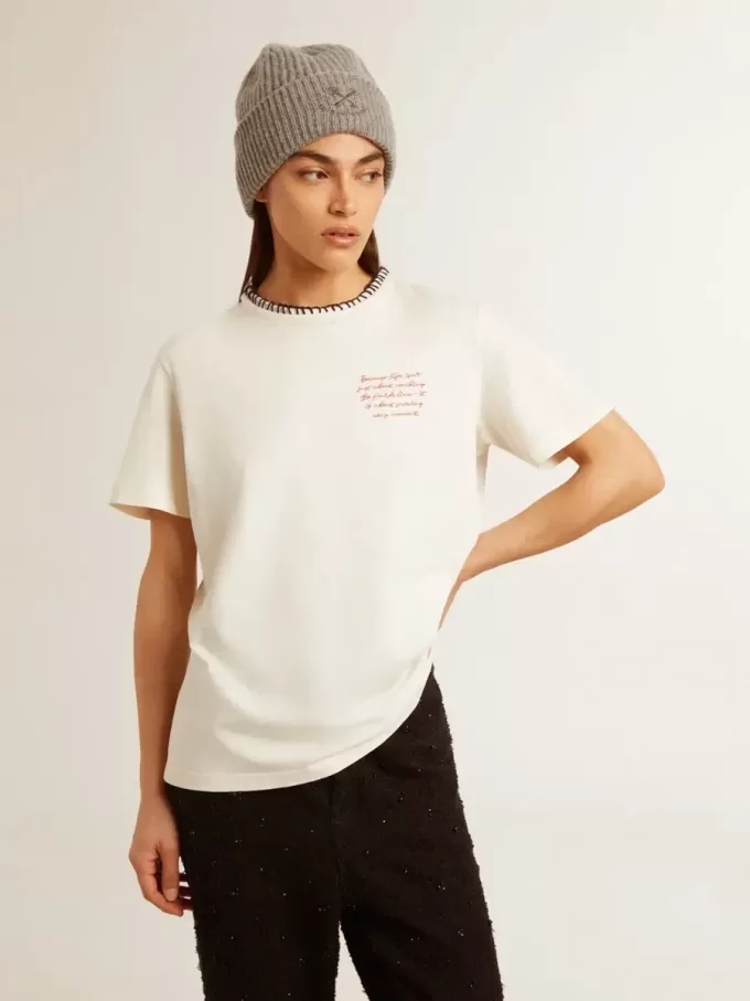 Wit katoenen T-shirt voor dames met handborduursels