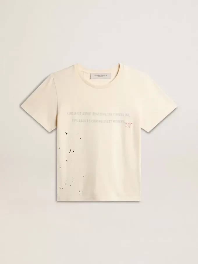 Wit katoenen T-shirt voor dames met print en borduursel
