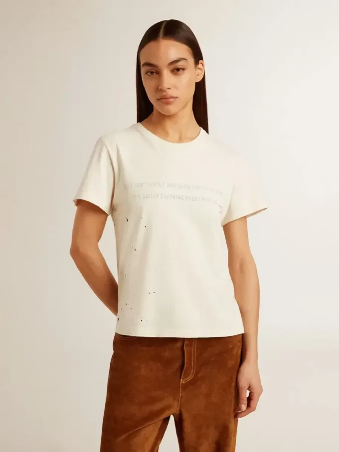 Wit katoenen T-shirt voor dames met print en borduursel