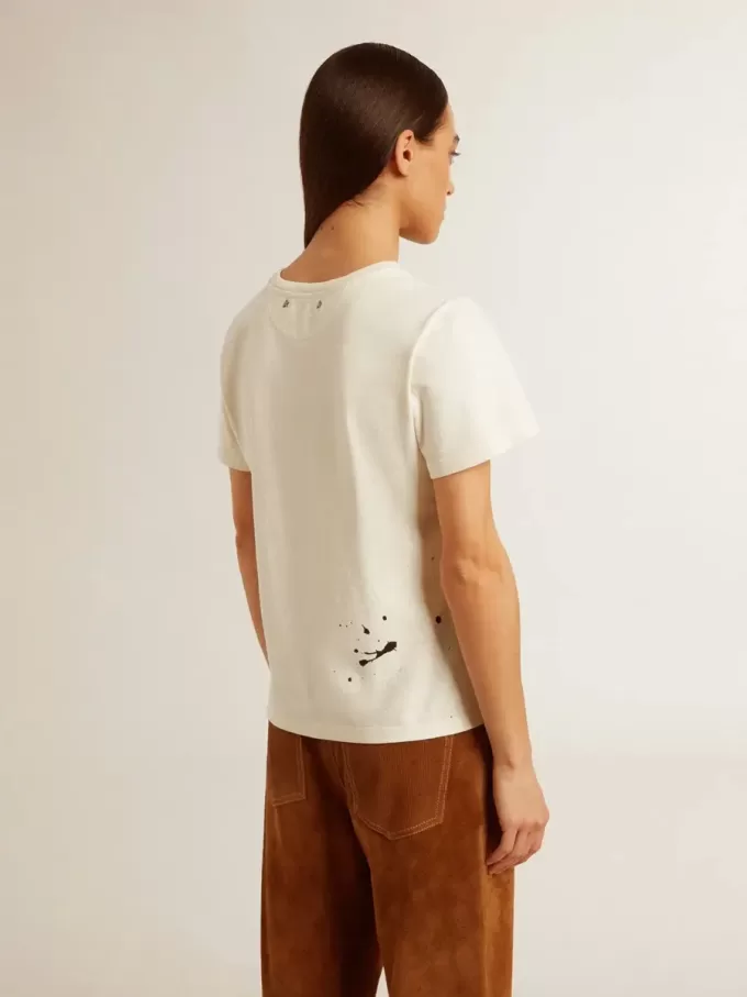 Wit katoenen T-shirt voor dames met print en borduursel