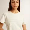 Wit katoenen T-shirt voor dames met print en borduursel
