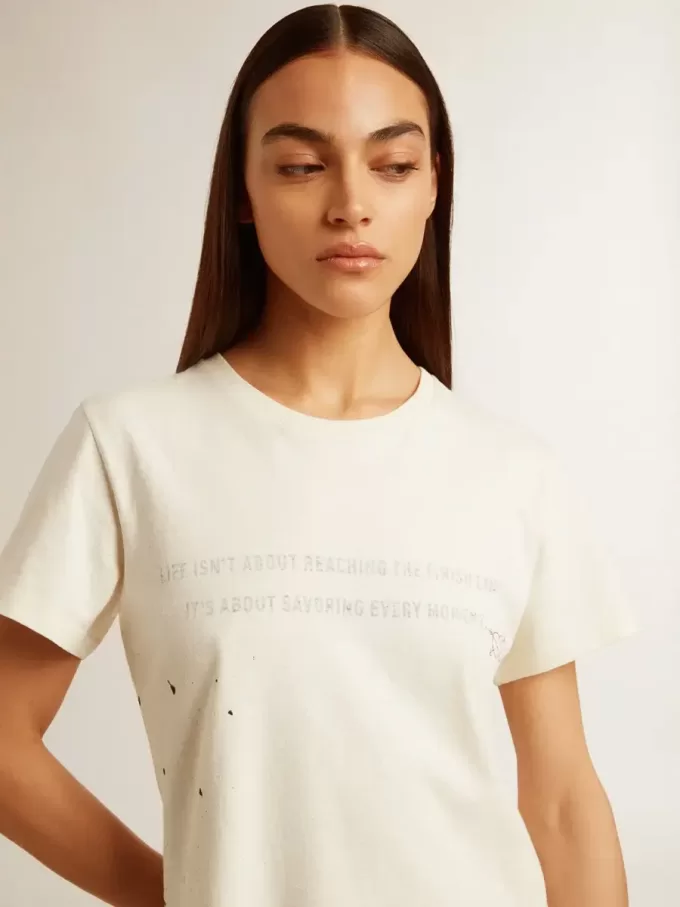 Wit katoenen T-shirt voor dames met print en borduursel