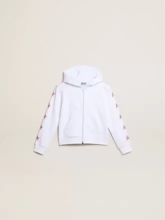 Wit sweatshirt met ritssluiting voor meisjes, met glittersterren op de mouwen.