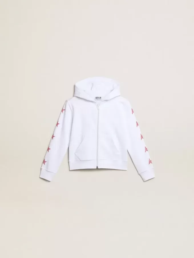 Wit sweatshirt met ritssluiting voor meisjes, met glittersterren op de mouwen.