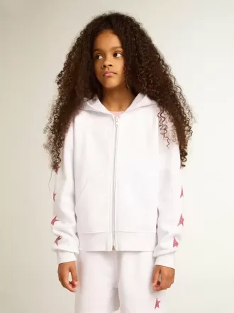 Wit sweatshirt met ritssluiting voor meisjes, met glittersterren op de mouwen.