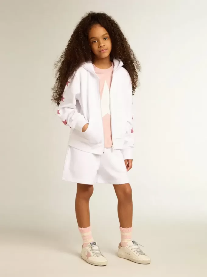 Wit sweatshirt met ritssluiting voor meisjes, met glittersterren op de mouwen.