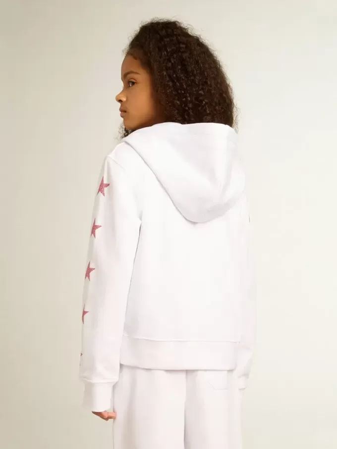 Wit sweatshirt met ritssluiting voor meisjes, met glittersterren op de mouwen.