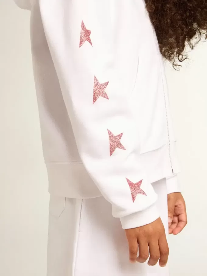 Wit sweatshirt met ritssluiting voor meisjes, met glittersterren op de mouwen.