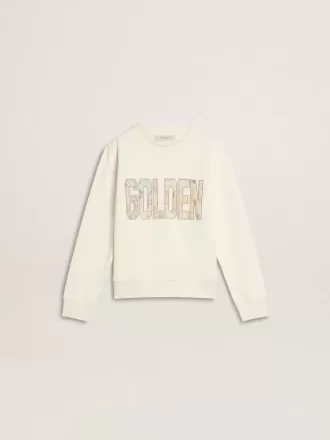 Wit sweatshirt voor meisjes met veelkleurige gouden letters op de voorkant.