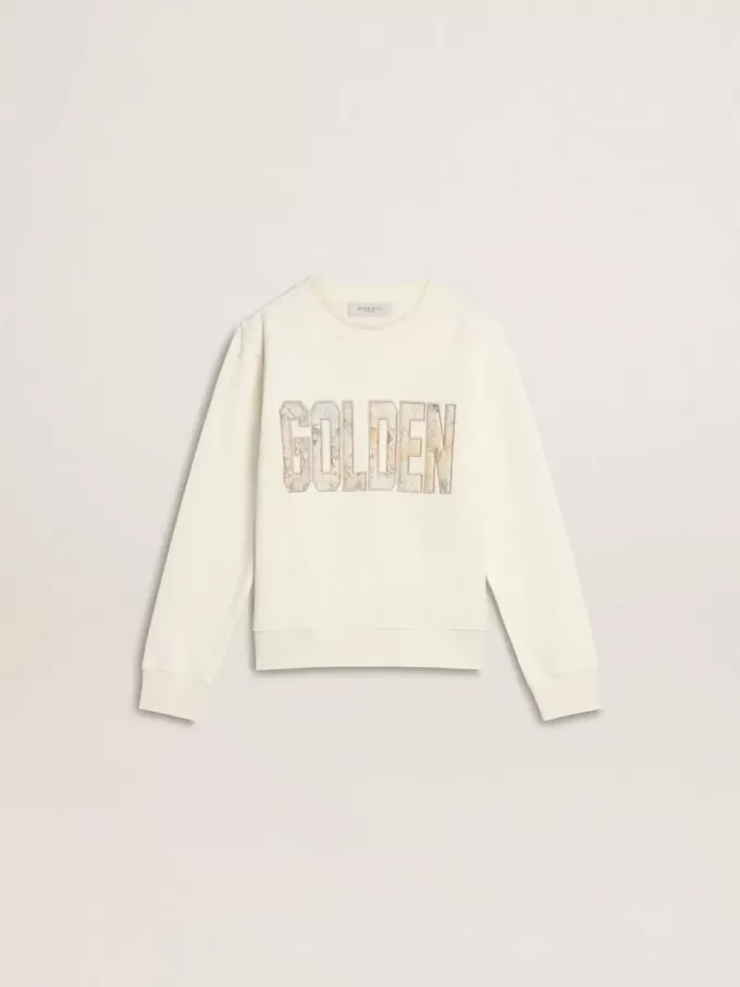 Wit sweatshirt voor meisjes met veelkleurige gouden letters op de voorkant.