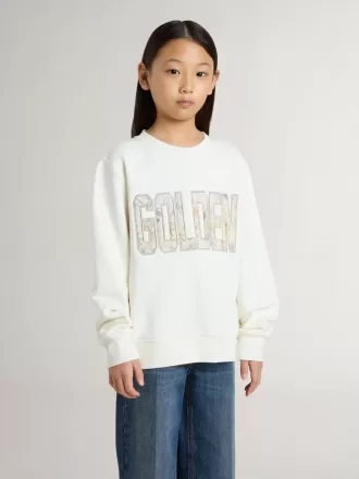 Wit sweatshirt voor meisjes met veelkleurige gouden letters op de voorkant.