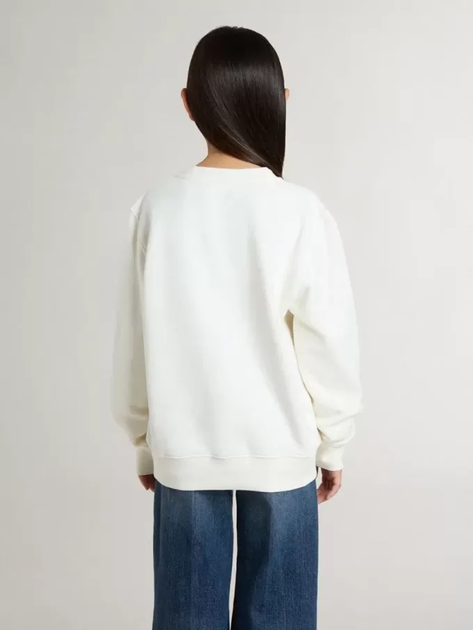Wit sweatshirt voor meisjes met veelkleurige gouden letters op de voorkant.