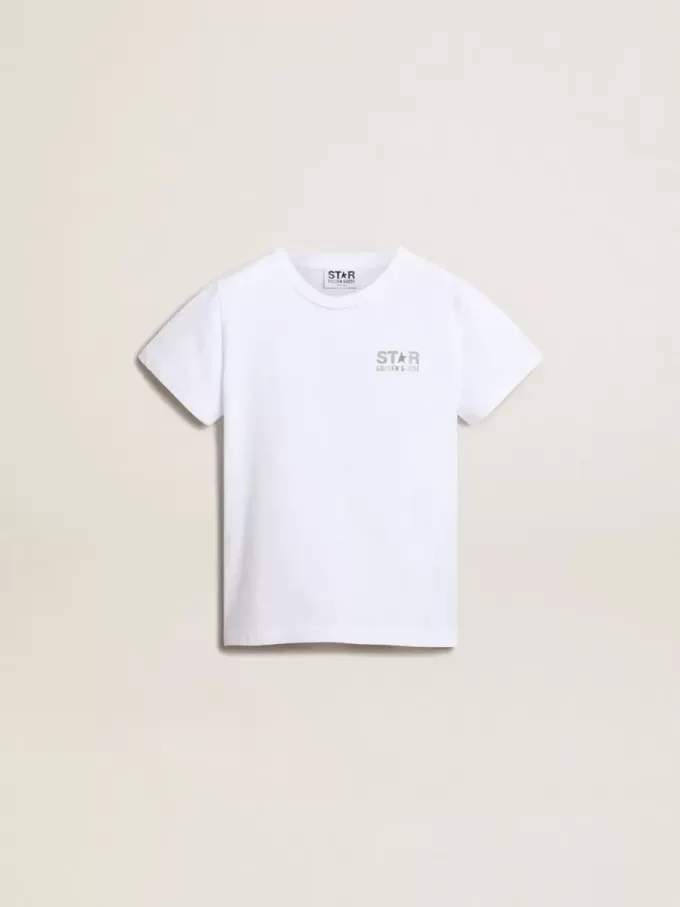Wit T-shirt met contrasterend zilveren logo op de voorkant