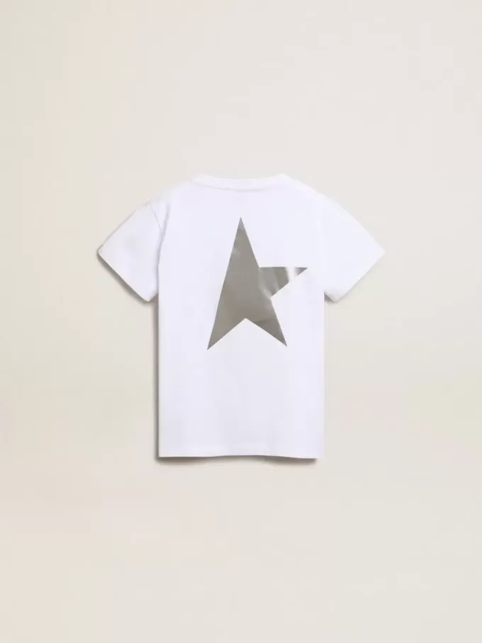 Wit T-shirt met contrasterend zilveren logo op de voorkant