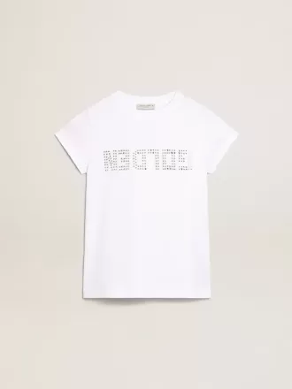 Wit T-shirt met gouden letters in kristallen in het midden