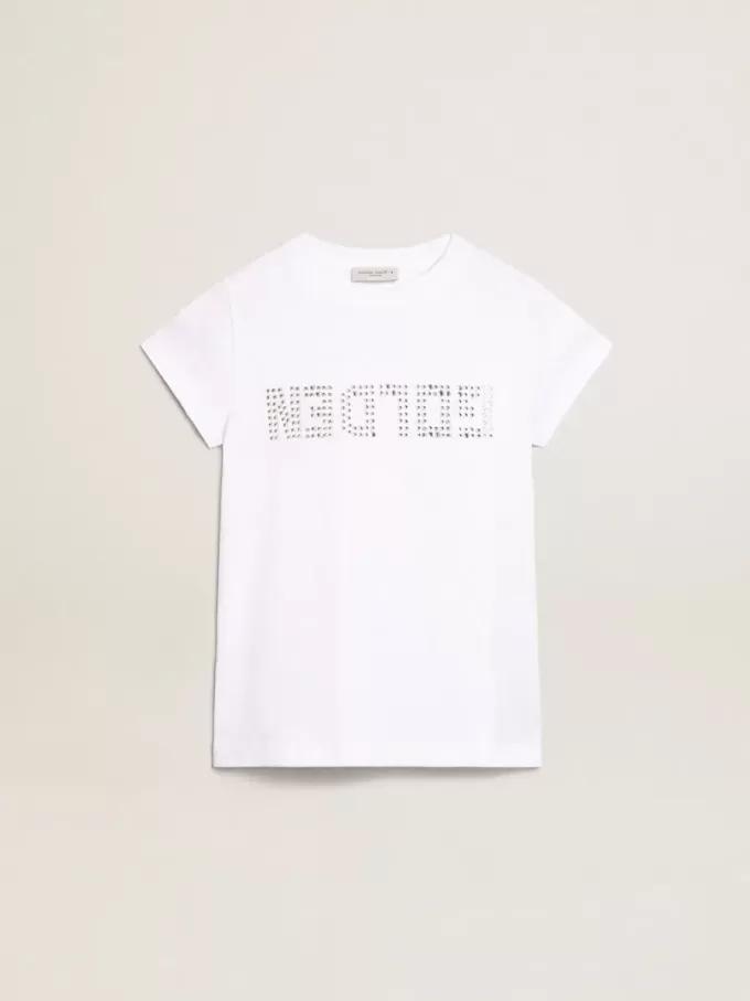 Wit T-shirt met gouden letters in kristallen in het midden