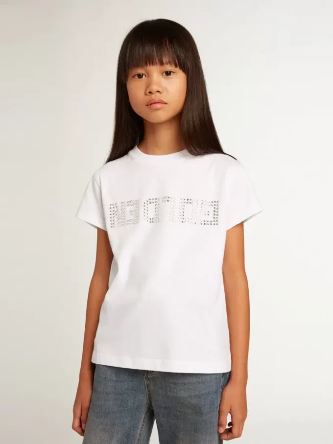 Wit T-shirt met gouden letters in kristallen in het midden