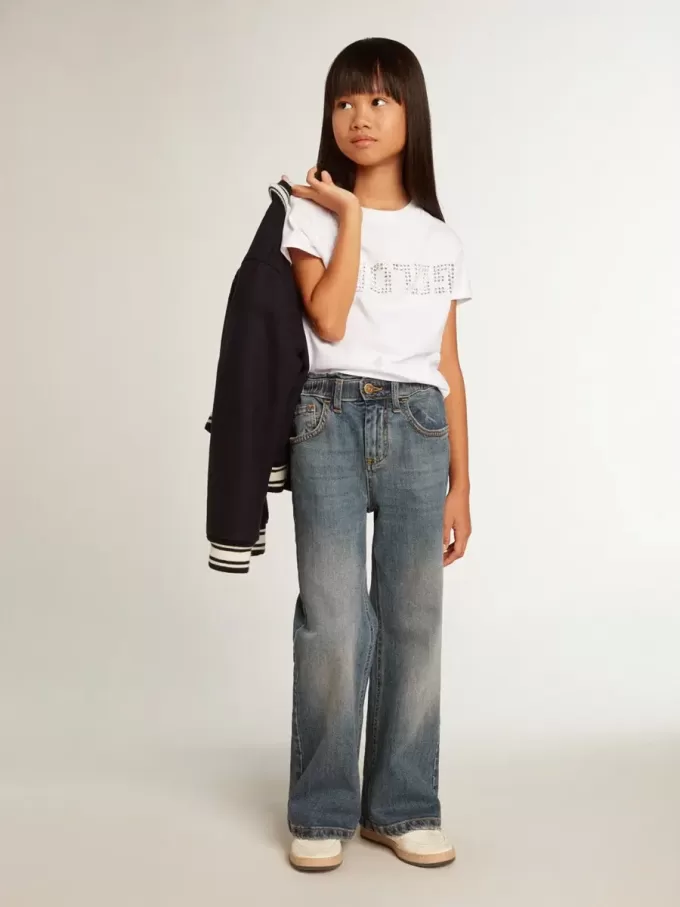Wit T-shirt met gouden letters in kristallen in het midden