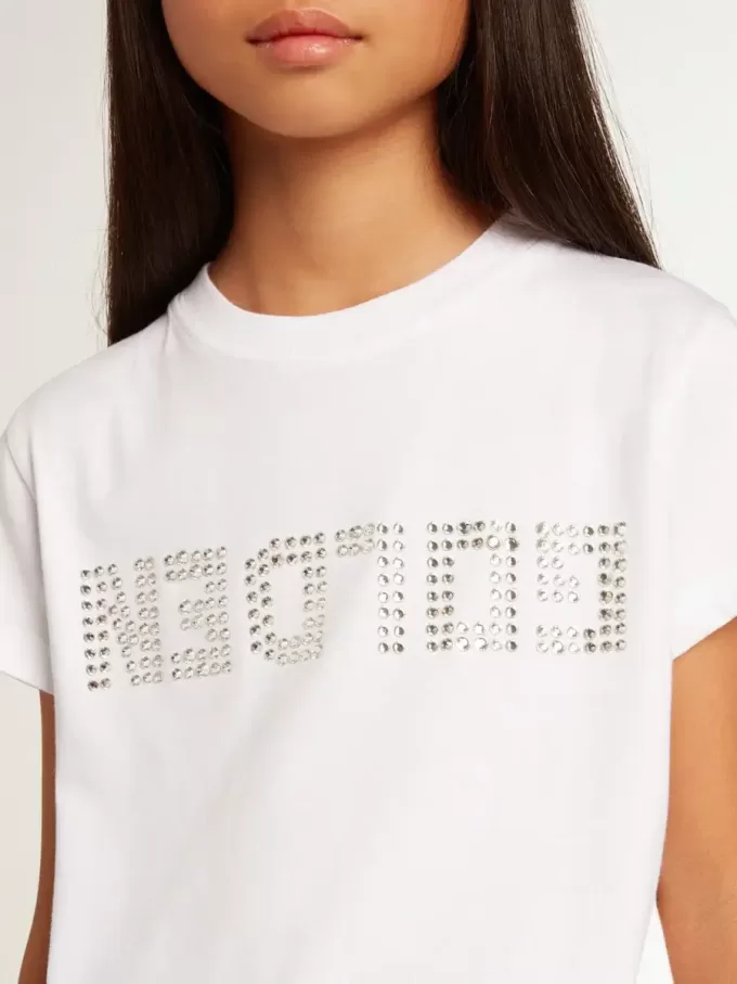 Wit T-shirt met gouden letters in kristallen in het midden