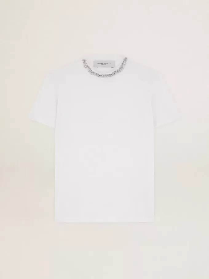 Wit T-shirt voor dames met cabochonkristallen