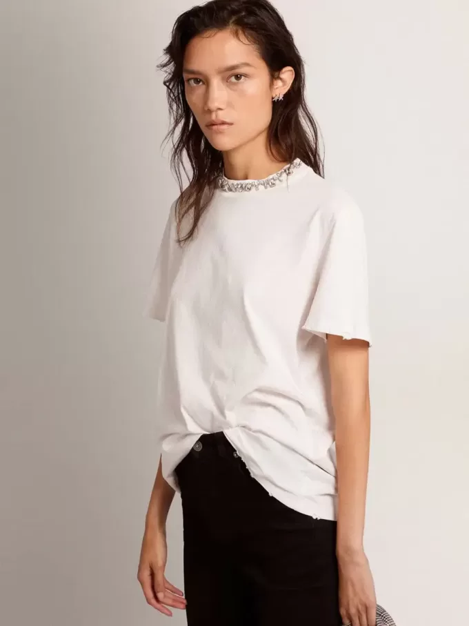 Wit T-shirt voor dames met cabochonkristallen
