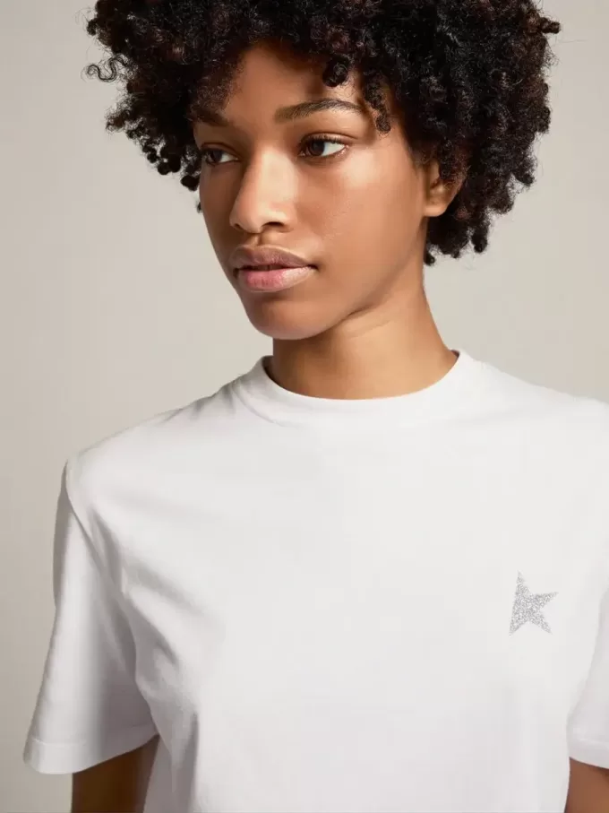Wit T-shirt voor dames met zilveren glitterster op de voorkant