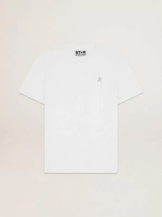 Wit T-shirt voor heren met zilveren glitterster op de voorkant