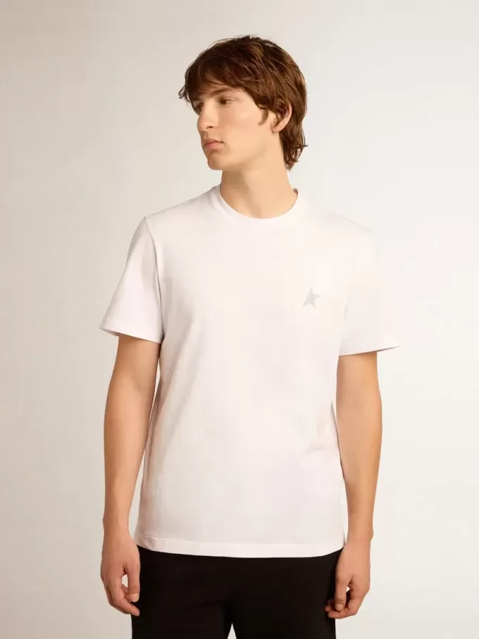 Wit T-shirt voor heren met zilveren glitterster op de voorkant