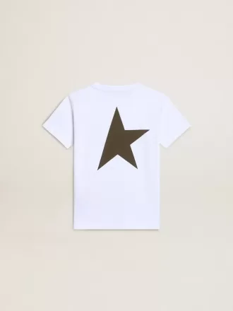 Wit T-shirt voor jongens met contrasterend donkergroen logo en ster