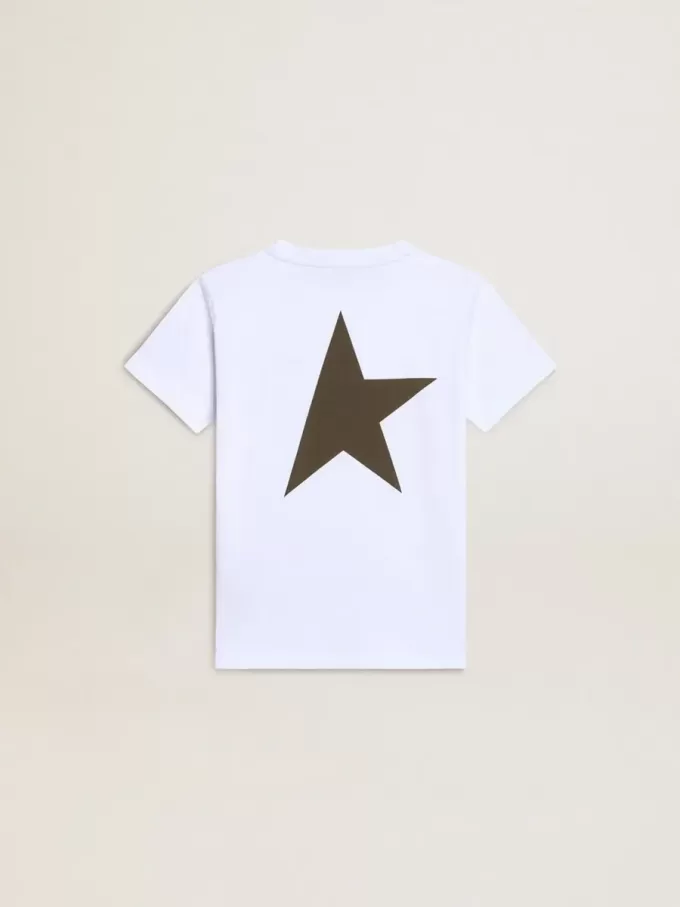 Wit T-shirt voor jongens met contrasterend donkergroen logo en ster