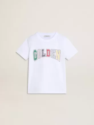Wit T-shirt voor jongens met veelkleurige gouden print