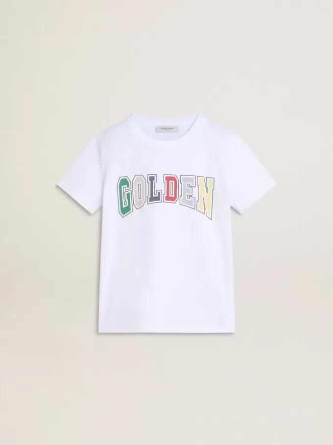 Wit T-shirt voor jongens met veelkleurige gouden print