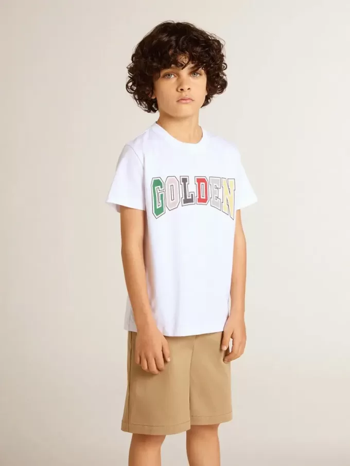 Wit T-shirt voor jongens met veelkleurige gouden print