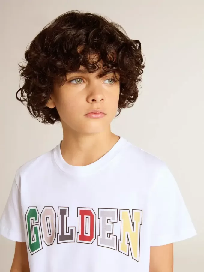 Wit T-shirt voor jongens met veelkleurige gouden print