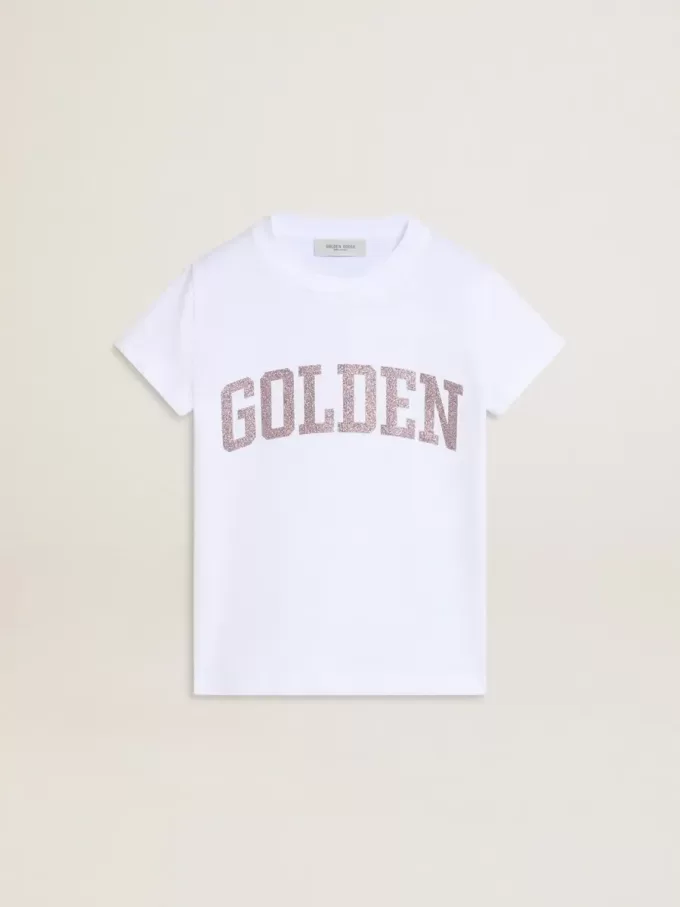 Wit T-shirt voor meisjes met roze glitter en gouden letters