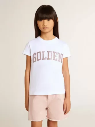 Wit T-shirt voor meisjes met roze glitter en gouden letters