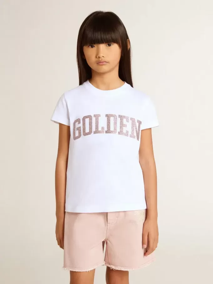 Wit T-shirt voor meisjes met roze glitter en gouden letters