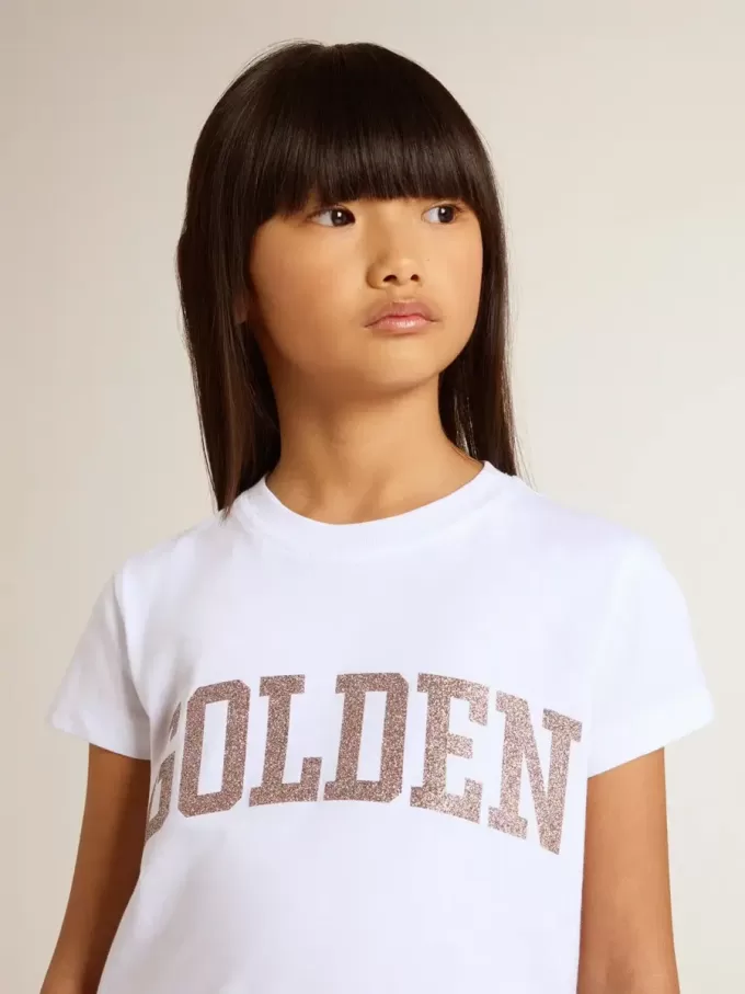 Wit T-shirt voor meisjes met roze glitter en gouden letters